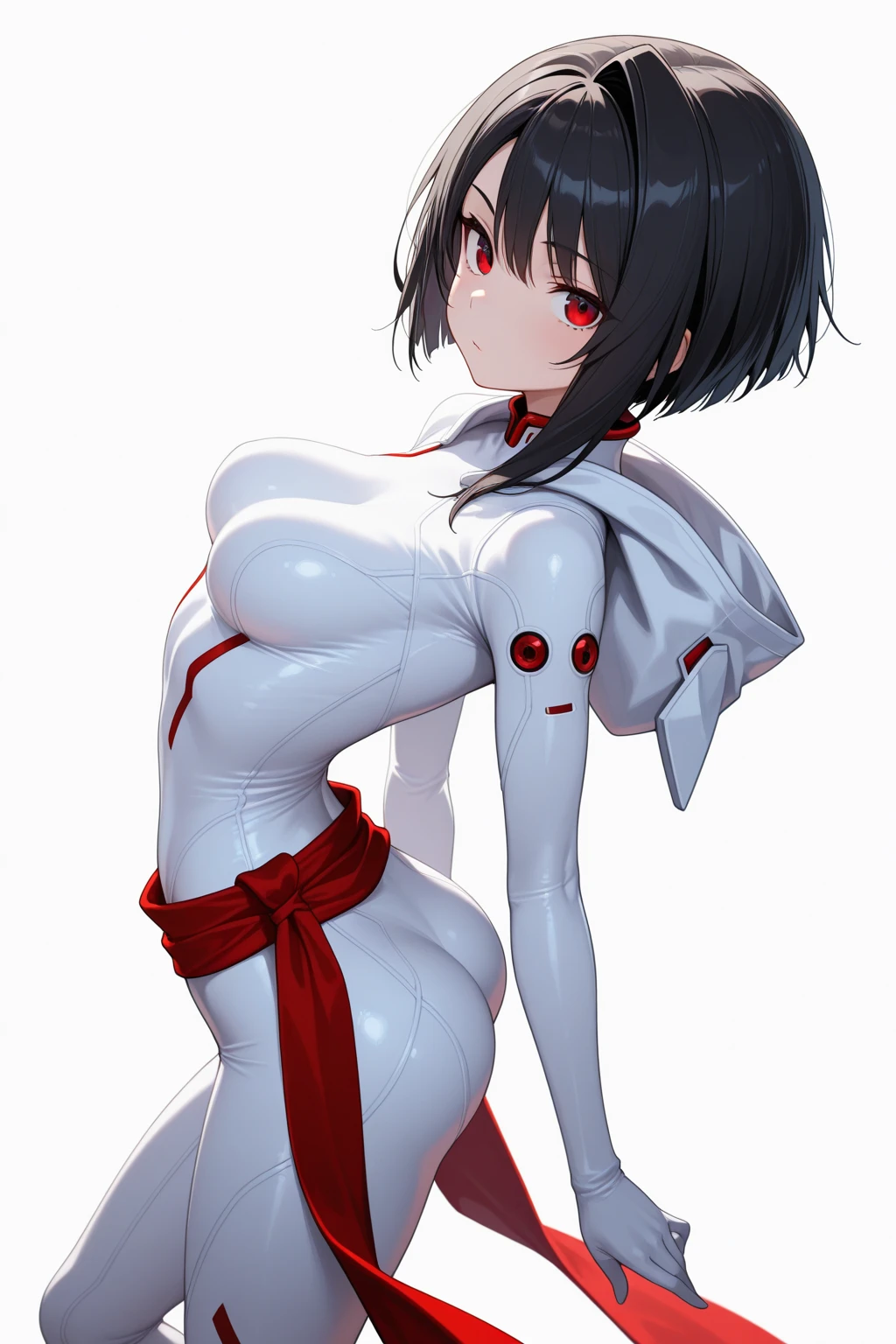 professional artwork, Intricate Details, field of view, sharp focus, detailed painting, photorealistic lighting, trending on pixiv,(masterpiece:1.0),(best_quality:1.0), ultra high res, ultra-detailed, photography, 8K, HDR, highres, absurdres:1.2, Kodak portra 400, film grain, sharp focus, bokeh:1.2, lens flare, (vibrant_color:1.2), ultra detailed body, ultra detail hair, ultra detail face, Lee Mayfeng, (((white latex bodysuit:1.4))), (full body shot:1.1), mature female, 1girl, anime face, standing, solo, chinese dress, makeup, large breasts, lipstick, red eyes, short hair, brown hair, underboob, cleavage, perfect body, (athletic body:1.1), perfect eyes, anime eyes, smoky eyeliner, eyeshadow, perfect face, shy, ((upper body, half body shot))