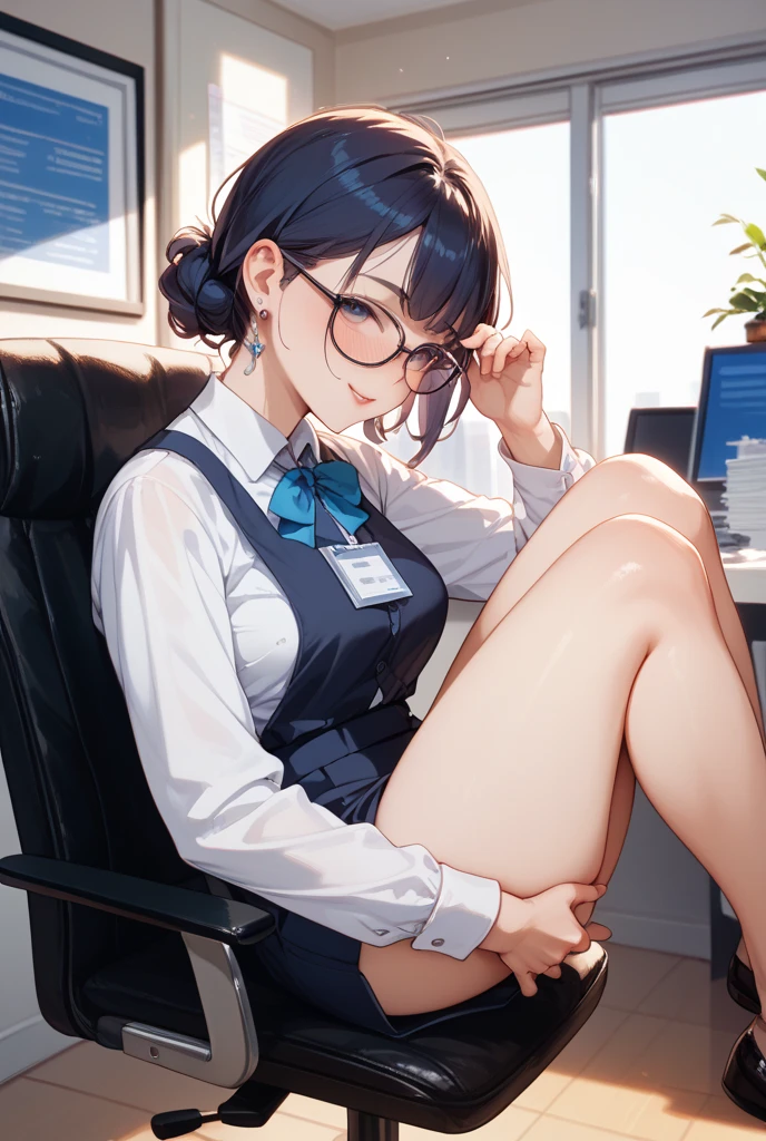 Browsing Caution, アニメ、Attractive office lady,28 years old,Black Hair,Medium Hair,Brown eyes,Highest quality、Unity 8k wallpaper、32k、masterpiece、Ultra-detailed、Ultra-high resolution、Natural Light、(Very detailed and complex)、Beautiful face and eyes in every detail、Sharp pupils、smile、High heels、Woman in skirt and shirt sitting on the desk, office服, on the desk, Sit at a desk, Sitting at a desk,Bent knees、Spread your legs、Spread your legs、Panty shot、 Business casual attire, Sexy、Business Attire,office, At work, Wearing glasses, Fully clothed, business attire, Embarrassing, smile、business suit、Cleavage、Sexy,Angle from below,