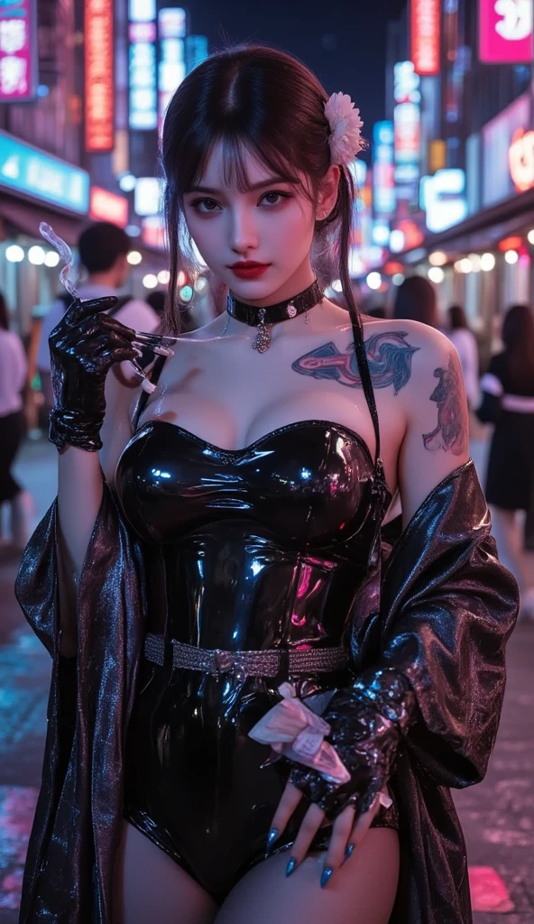 masterpiece,best quality,(medium_boltedontits, gothgirl:1.1),(1girl,pretty_face,looking_at_viewer, embarrassed,,choker,earring, piercing, tattoo, large pubic tattoo),breast_focus,(tall,skinny,thin,thin_waist:1.1),(pelvic_curtain, partially unzipped, revealing clothes, black latex,latex g-string, long_hair,thigh_highs,very_long_hair,black platform footwear:1.2),(rooftop terrace,rooftop bar,cityskyline,bluesky,luxury:1.1)