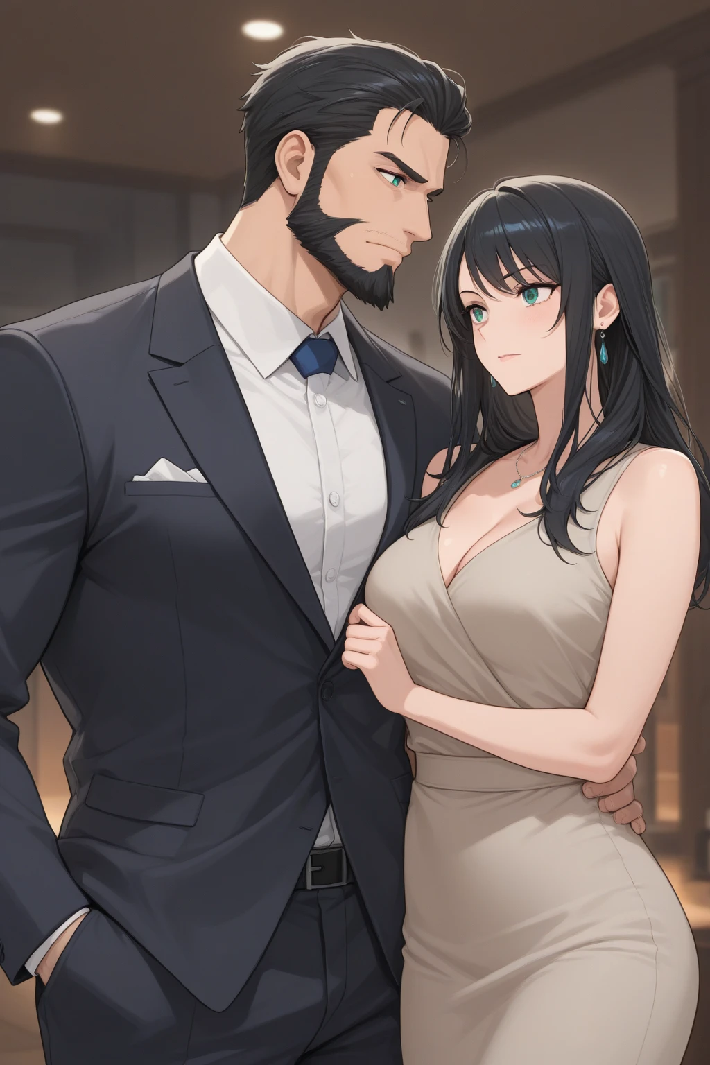handsome old man (muscular, hairy chest, cruel, 50 years old arrogantly introduces a female concubine (young, 22 years old, innocent, cleavage, slender body) wearing see-through lingerie, Chinese mythology, good looking,(masterpiece:1,2).