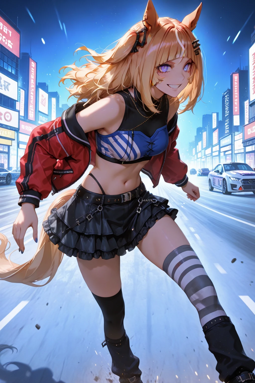 masterpece, 1 girl, ((topless)), latex skirt, fish net leggings, eye liner, beanie hat, outdoor, navel, nipples, streets, sweaty, marketplace, puddle, sneakers, necklace, wet, night, city crossing, crowd, shibuya, outdoors, neon lights, small breasts, flat chests, puffy nipples, purple eyes, blonde hair, erect nipples, neck collar, slim waist, petite body
