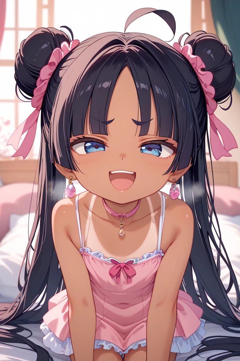 front view,1girl,Beautiful girl at 10 years old,Japanese,Small and slim,Flat Chest,Small breasts,Baby Face,Small face,Black Hair,Row Twin Tails,Gray Eyes,Drooping eyes,middle School girls,Sheer pink negligee,lingerie,open mouth,tongue out,front face,Kneeling and sitting,Beautiful and detailed anime art,Crying expression,front view,high angle, looking at viewer, looking ahead, from above,face focus,Sexy vibe,cum on tongue,Dimly lit room,On the bed