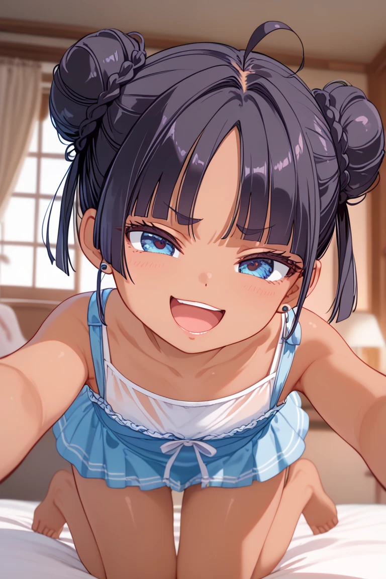 front view,1girl,Beautiful girl at 13 years old,Japanese,Slender,small breasts,Baby Face,Small face,Black Hair,Short Twin Tails,Gray Eyes,Drooping eyes,middle School girls,A see-through black and light blue negligee,lingerie,open mouth,tongue out,front face,kneel,Hands Behind Back,Put your chin forward,Beautiful and detailed anime art,Mischievous smile,front view,high angle, looking at viewer, looking ahead, from above,face focus,Sexy vibe,cum on tongue,Dimly lit room,Beautiful room,On the bed,blurry background