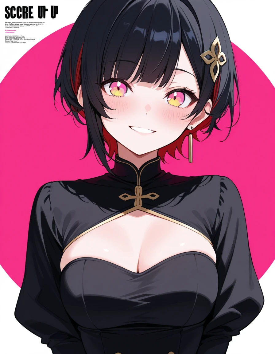 original character , One girl, (Crazy Smile:1.2) ,  Black Hair , bangs , Crazy Eyes , Put your hands on your face , Red and black color scheme, Open your mouth, (Eyes Wide Open:1.2), Glowing Eyes, Pink Eyes, Pink Eyes、kimono、Short、witch