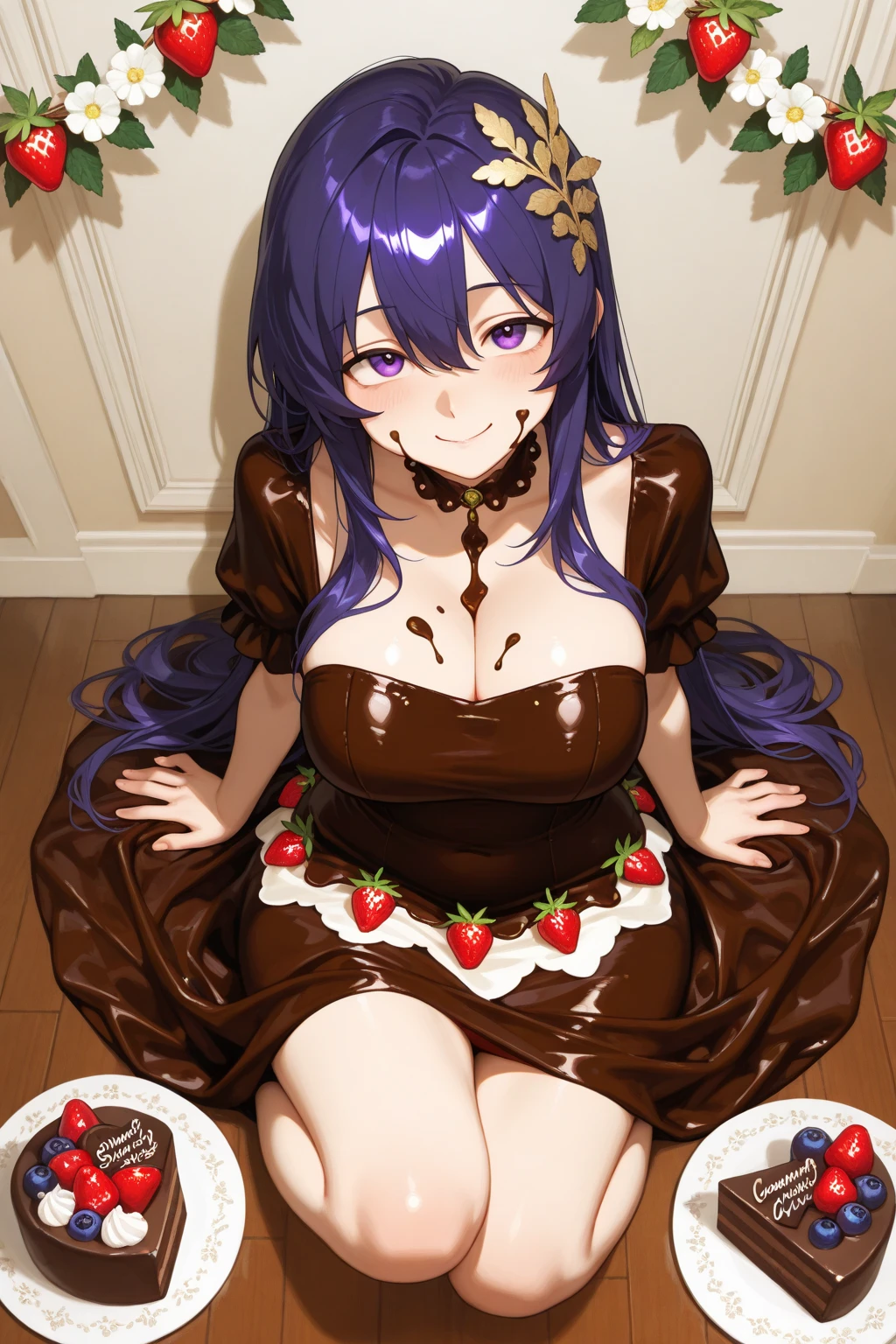 Nyotaimori 、girl at dining table、fruits、whipped cream、pussy_parfait、naked、Lie