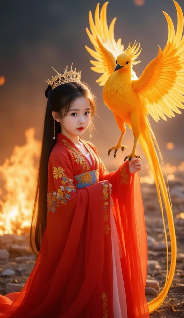 Chinese style little girl,There is a phoenix behind it,The whole hue is green