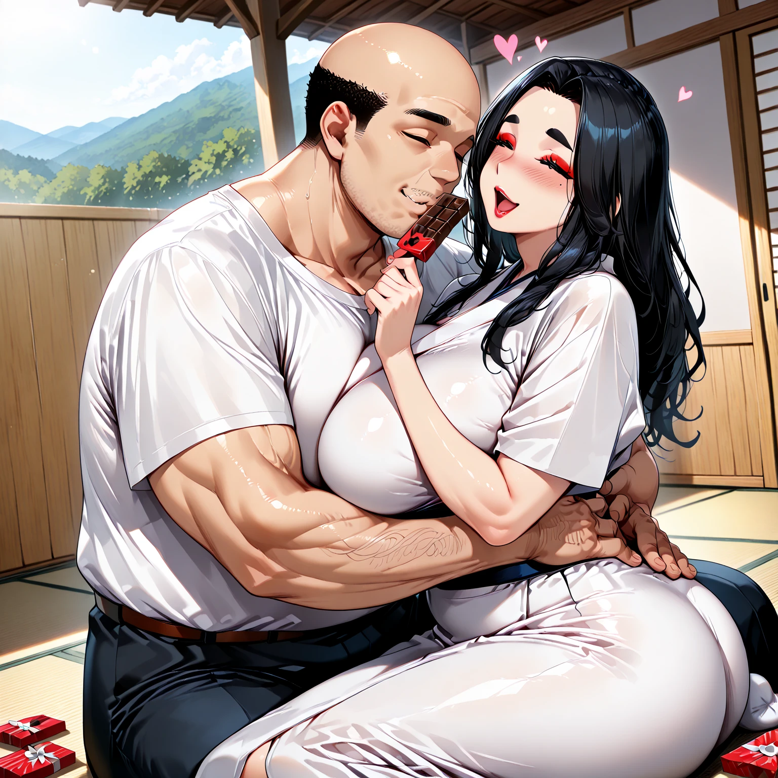 ((((Best Quality, 8K, 32K, masterpiece, 1.2)))),{{solo}},nsfw,{{{Artist: EUPHORIA's style}}},((perfect beautiful face:1.2)), 1boy, 1girl, arm hair, bald, blush, breasts, black hair, cheating, faceless man, girl on top, hand on another's head, hetero, kiss, nude, old, old man, ring, sex, straddling, sweat, tears, upright straddle, vaginal
