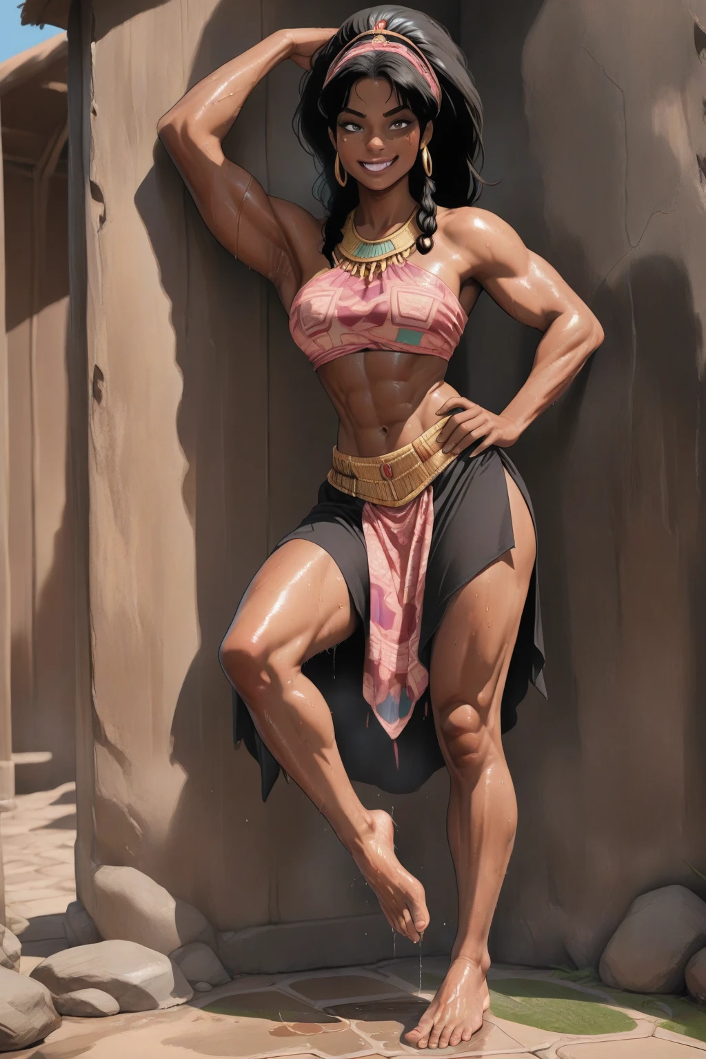 (RAW photo), (Realistic), (photo-realistic), ultra high resolution, masterpiece, highest quality, portrait, facial portrait, perfect lighting, detailed lighting, dramatic shadow, ray tracing, 1 slave girl, ((alone)), perfect anatomy, Voluptuous, cleavage, symmetrical eyes, beautiful detailed brown eyes, big thick thighs, abs, muscle, (((cute face))), short messy hair, black hair, circlet, the night view of the ancient Rome room background, torch, ((wearing a ancient slave costume)), ((kneeling pose)), ((arms up)), (hands behind back), looking at viewer,