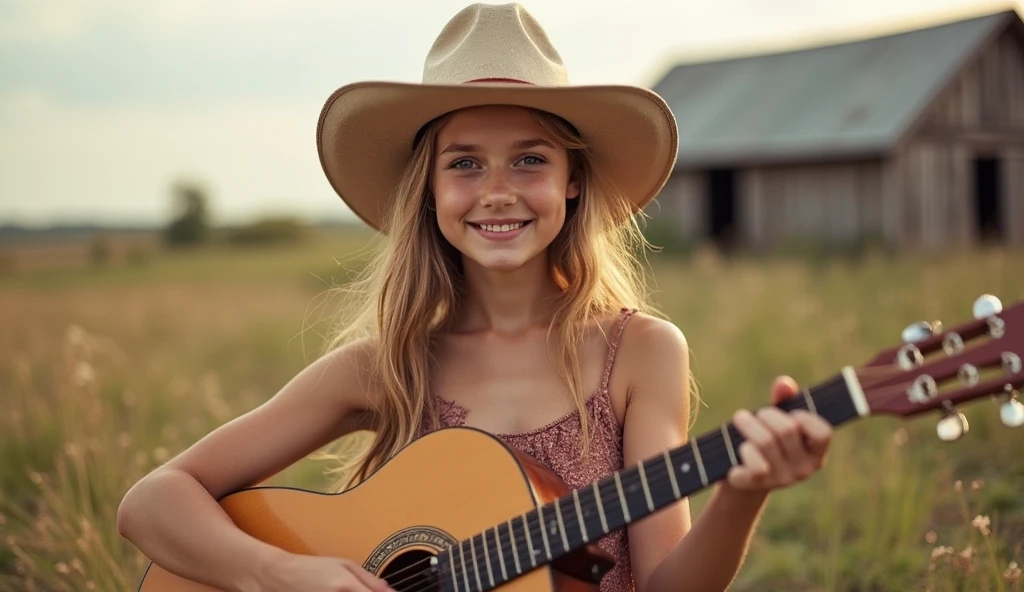 10 year old Russian child girl, close up, PORTRAIT, with long blonde hair, in a cowboy hat playing a guitar in a barn, wearing cowboy hat, photo shoot, wearing a cowboy hat, promotional photo, and a cowboy hat, cowboy hat and glasses, pr shoot, photo of a promotional session, TV still, photo - shooting, cowboy shot, shaded, country