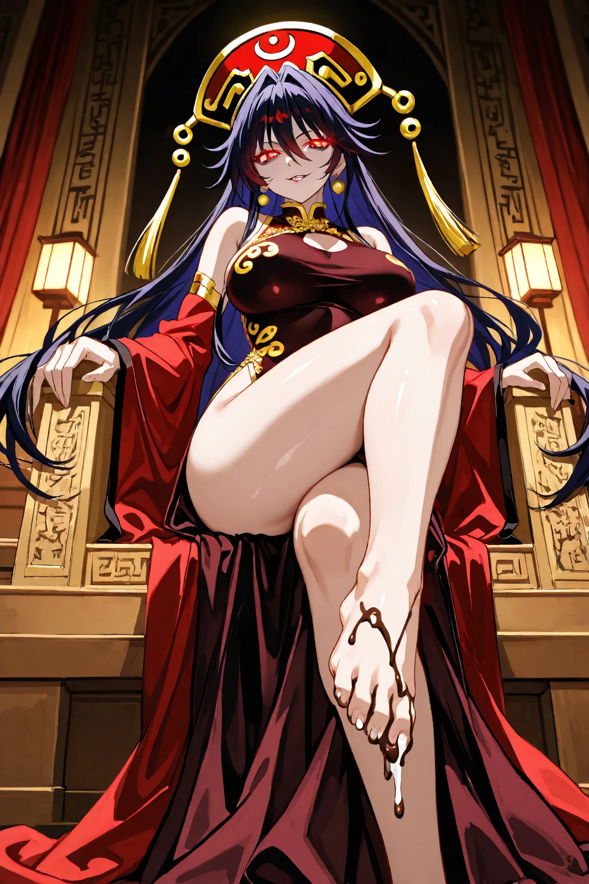 1girl, long hair, breasts, blue eyes, large breasts, black hair, navel, cleavage, jewelry, sitting, thighs, earrings, midriff, cape, legs, crossed legs, epaulettes, skull, long legs, snake, boa hancock