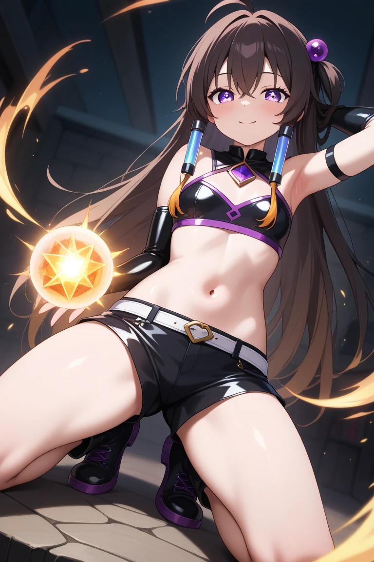 A brown-skinned puppet girl with purple runes engraved on her body