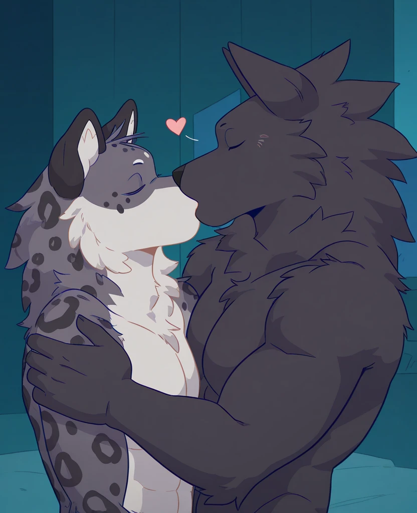 of 2 anthro wolves, they are embracing a beautiful woman and seem to love each other and smile happily.