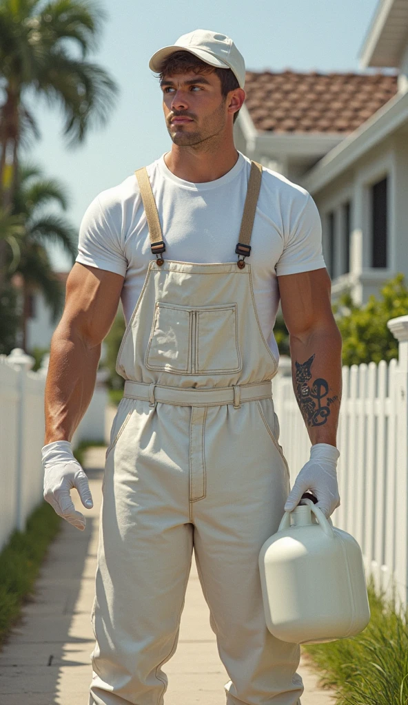 Full body shot of A shirtless tall handsome 24 years old young man is standing confidently amidst a garden of white flowers. Depth of field, DOF, The flowers, with their vibrant yellow centers, add a pop of color to the scene. The man is wearing a pair of short overalls, and his gaze is directed straight at the camera, creating a direct connection with the viewer.