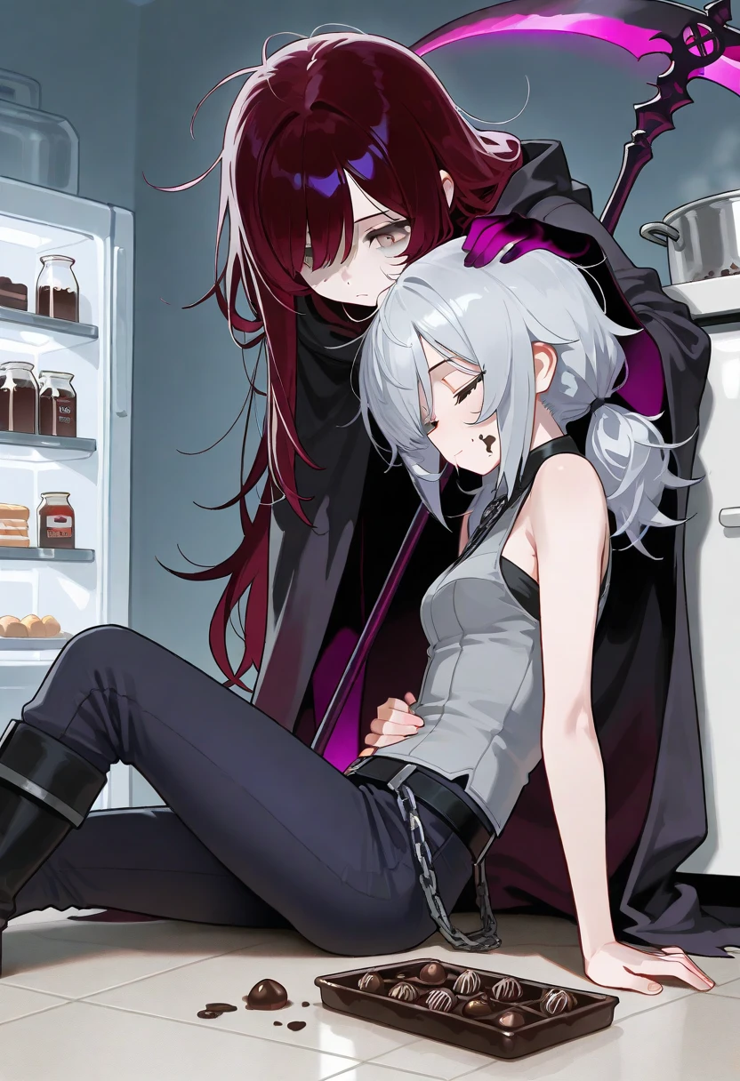 the scene is in a dark kitchen, there is an open fridge, we see half-eaten chocolate cake on the counter, we see half-eaten candy on the floor, there are chocolate candies scattered on the floor, chocolate milk cartoon, there are two girls at the scene, the first girl: thin, messy hair, closed eyes, chocolate on face and hands, long hair , gray hair , low ponytail , thin, small breasts,gray sleeveless vest with white frill trim,thin, light gray sleeveless shirt, dark red swordbelt, dark blue trousers, she is laying on her back, her stomach is bloated, her head is rolled to one side, hair covers half her face, second girl: messy hair, dark red hair, dark purple highlights, dark shadows on hands, long hair, low twin tails, swept bangs, gray eyes, swept bangs, shadows over eyes, strapless gray shirt, tattered black cloak, chains dangling from cloak, black trousers, black boots, she holds a black scythe with a glowing dark purple edge, she looks down at the first girl, she taps the first girl with the butt of her scythe, masterpiece,, ultra rendered anime,