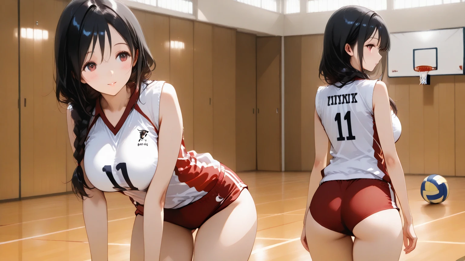 Young woman, dark eyes, black hair, small breasts, big butt, volleyball clothes, In a room of a house.