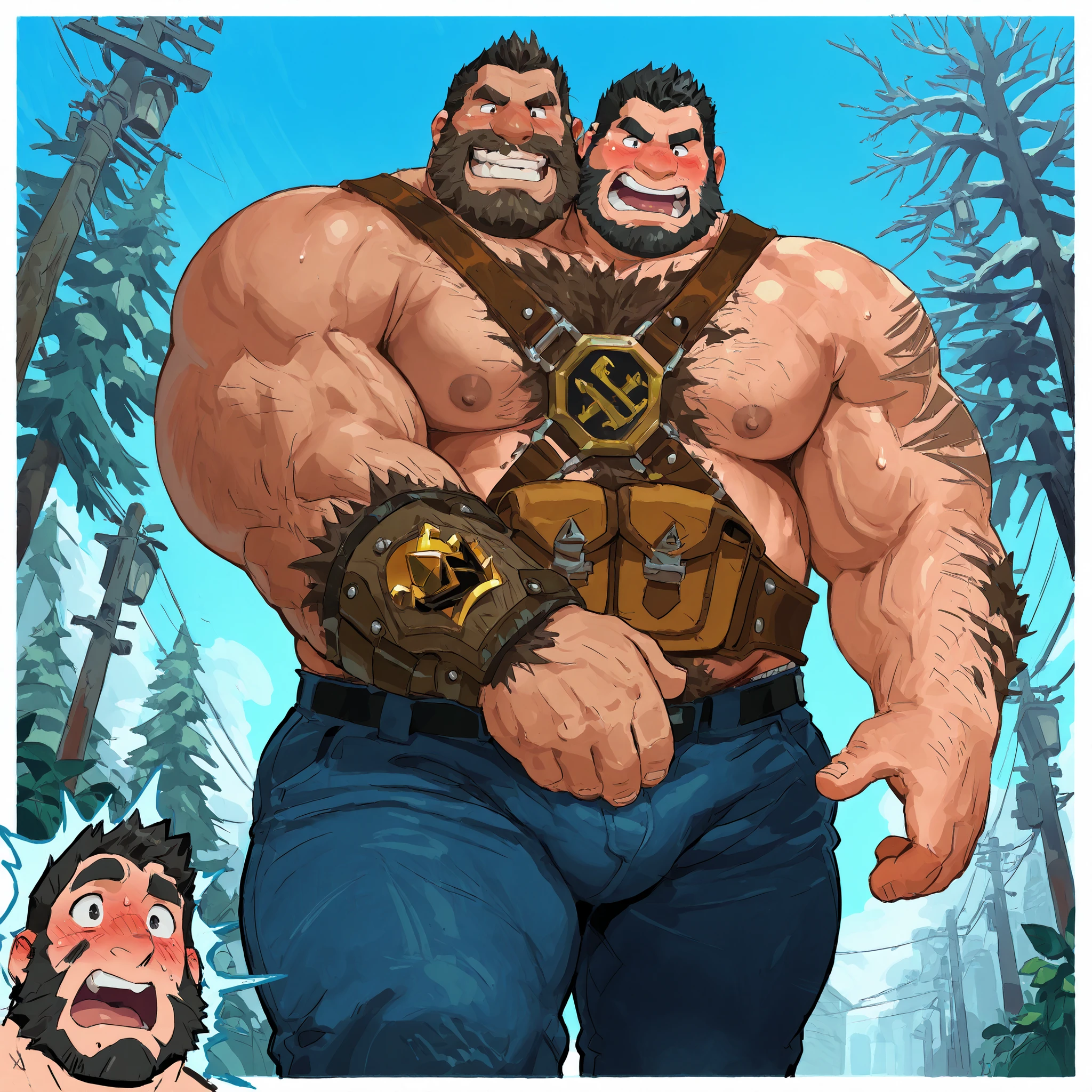 (hairy father and fat son conjoined)), handsome, comic page, story, ((comic of them getting conjoined)), one head is very fat, half muscle, half fat, walking, lumberjack, outside, bulge, pants , underwear, wide shoulders, ((two heads one body)), two-headed , conjoined, black eyes, beard, father, view from below, shocked, eyes, adult, male, (thick body, correct hands), (best quality, detailed, 4k), score_10, teasing, adios, blushing, leather gear, standing, confident pose, wide shoulders, fat, hairy,