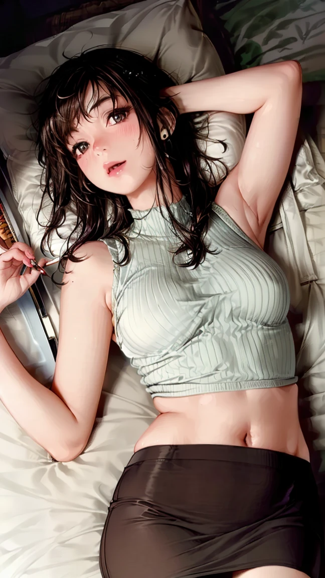 erotic woman laying on a bed with her arms outstretched, Reze from chainsawman, big breast on sexy lingerie , her belly button is exposed, on my bed, posing in bed, sexy girl, cutecore, erotic face, ahegao with tongue out, 2 4 year old female model, 2 2 years old, posing in a bedroom