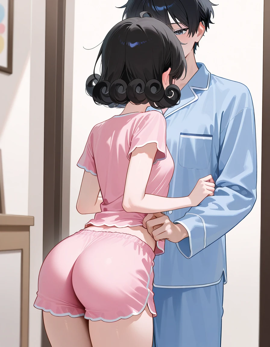 (8k、Best image quality、Highest quality、masterpiece)、Detailed face、One  girl、pixie short hair、Black Hair、Bright Blue Eyes、Heart Pupil、Wicked Smile、((steam, sweat, Grin))、Small breasts、((White oversized long shirt:1.5)), Short sleeve、Bra straps、Off the shoulder, No underwear、entrance、Open the door、(A half-naked, muscular man hugs her from behind:1.5, from the front、Facing forward:1.5), indoor、entrance、　Detailed people、Detailed Background