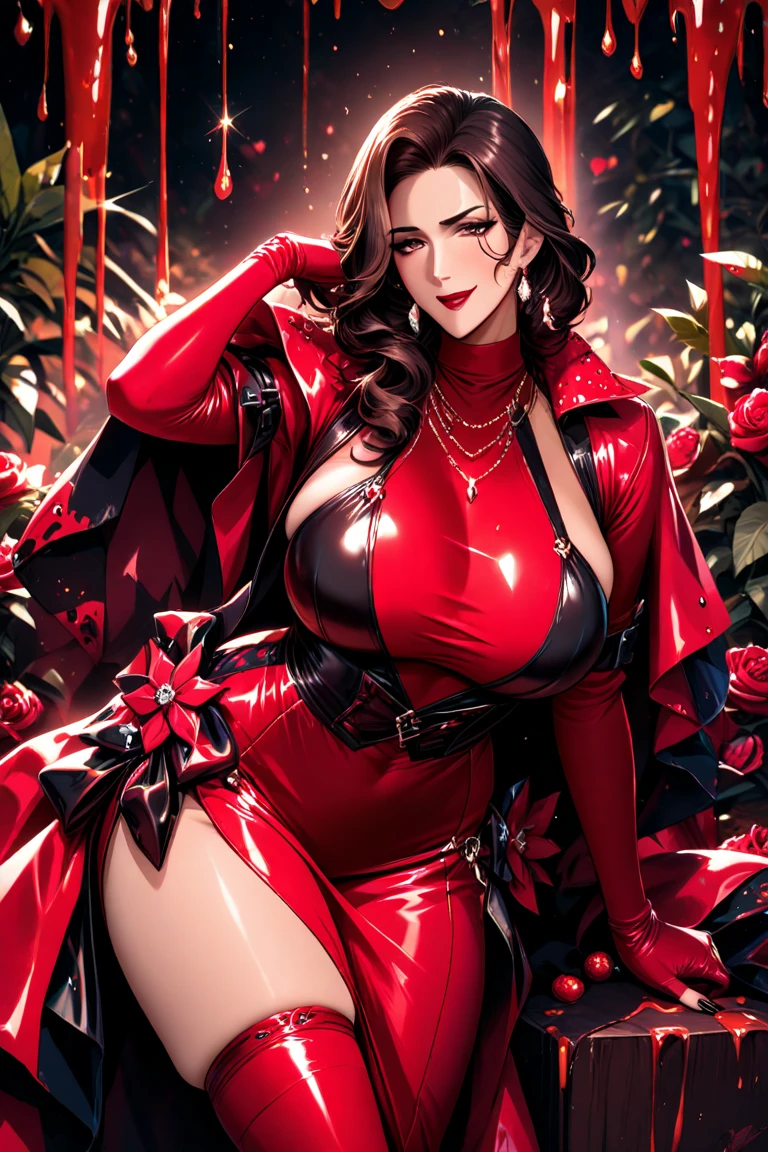 a picture of vampire standing in the front of her home holding a (blood: 1.3) dripping (gift box: 1.5), an exquisite beautiful female vampire in her front door of her home, full body (ultra detailed, Masterpiece, best quality), ultra detailed face (ultra detailed, Masterpiece, best quality), grey skin: 1.3 , blond hair, hair in a ponytail, long hair, blue eyes, cold eyes, glowing eyes, intense eyes, smile with [drops of blood on face] (ultra detailed, Masterpiece, best quality), dark red lips, [vampire fangs], wearing red dress (ultra detailed, Masterpiece, best quality), (green: 1.4) dark green cloak, (green: 1.3) green high heeled boots in front of her home, holding a (white: 1.4) gift box dripping red blood GlowingRunes_red (ultra detailed, Masterpiece, best quality, high details, best quality, 16k, [ultra detailed], masterpiece, best quality, (ultra detailed), full body, ultra wide shot, photorealism, luis royo style, dark fantasy art, moon light coming through the window, moon rays, gothic art, sense of dread, sense of seduction, bloodmagic,
