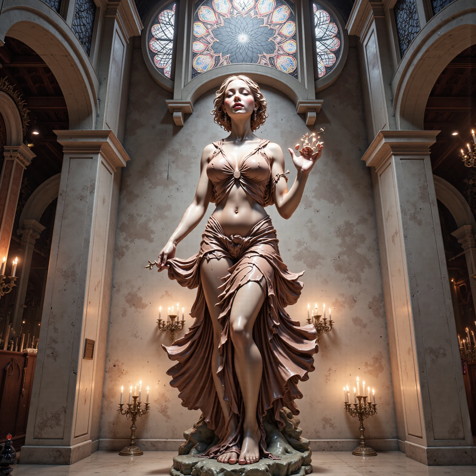 Dressed sculpture of a young beautiful woman,(Highest quality,Extremely detailed depiction,Incredibly absurd high resolution,Anatomically accurate depiction),marble,Statue of an ancient Greek goddess in clothing,Sculpture in ancient Greek clothing,A sculpture with a seductive smile,whole body,background:museum,SFW:1.5,Healthy