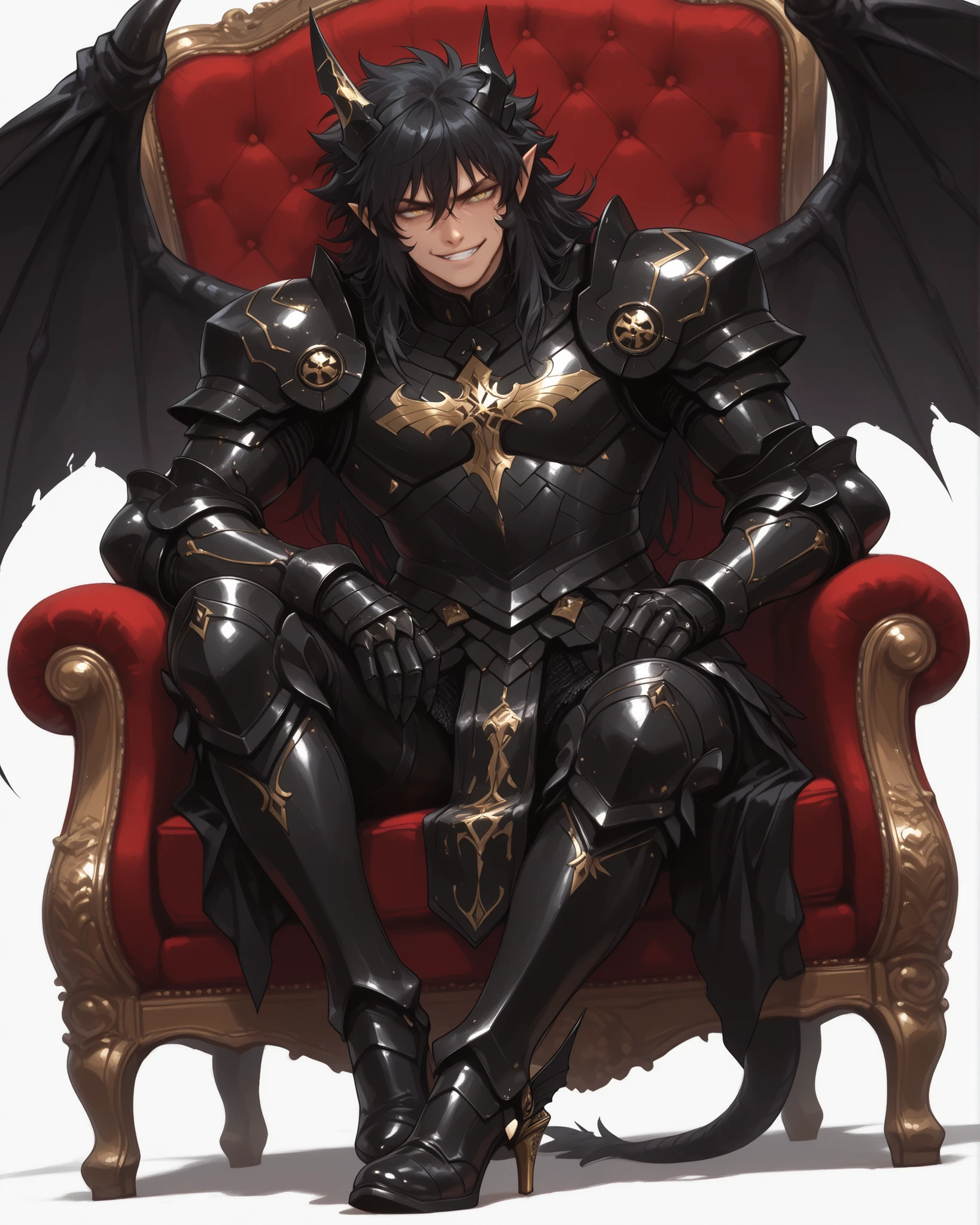 score_9, score_8_up, score_7_up, absurdres, 128K Ultra High Resolution, (masterpiece, best quality: 1. 5), (high definition: 1, 4), highres, 8K wallpaper, (excellent graphics: 1. 5), CG, (((Japanese Anime style))), (Black Saint Seiya), (1 male), solo, lean body, (masculine), floating in the air, weredragon, glossy black, shiny black leather, ((beautiful golden eyes, finely detailed eyes, bright eyes, slit pupils)), hair between eyes, black hair, long hair, sideburns, wild hair, (sly grin, sinister grin, smirk), teeth, confident, (((ultra detailed face))), shiny skin, long pointy ears, twisted torso, long-legged, sculpted face, wasp waist, dragon horn, dragon tail, dragon wings, dragon sharp claws, (black armor with a lot of grandiose decorations: 1. 5), half dragon half human, (sit cross-legged, closed legs, luxury gilded antique red chair: 1. 5), (dramatic angle, dynamic pose: 1. 5), (ultra detailed black armor, well-polished black armor: 1. 5), (gold-adorned armor: 1. 5), all black outfit, full body, emphasize face, sharp focus, good-looking man, (best illustration, highly detailed artwork: 1. 5), cinematic, (dramatic lighting), (intricate detail, extreme detailed, super detailed: 1. 5), (stark contrast, heavy shadows: 1. 3), detailed black decorations, beautiful & aesthetic, photoreal, (from side), (mysteriously crafted black metal armor: 1. 5), thick & luxuriant hair, (ultra detailed fantasy black armor, wonderful black armor: 1. 5), (realistic metal texture), broad shoulder, true-to-life visuals, artistically refined, (extremely delicate & beautiful armor, elaborate armor details: 1. 5), (giant black armor, dark armor, stylized armor: 1, 5), (((armor-type high heels))), (extremely detailed armor with intricate engravings, intricate armor with gold ornaments: 1. 5), (very gorgeous and dazzling), (dark fantasy black knight: 1. 5), slim waistlines, wide chested, sinewy body, (Hyper Detailed & Perfectly Designed Black Armor: 1. 5), (simple white background), windy
