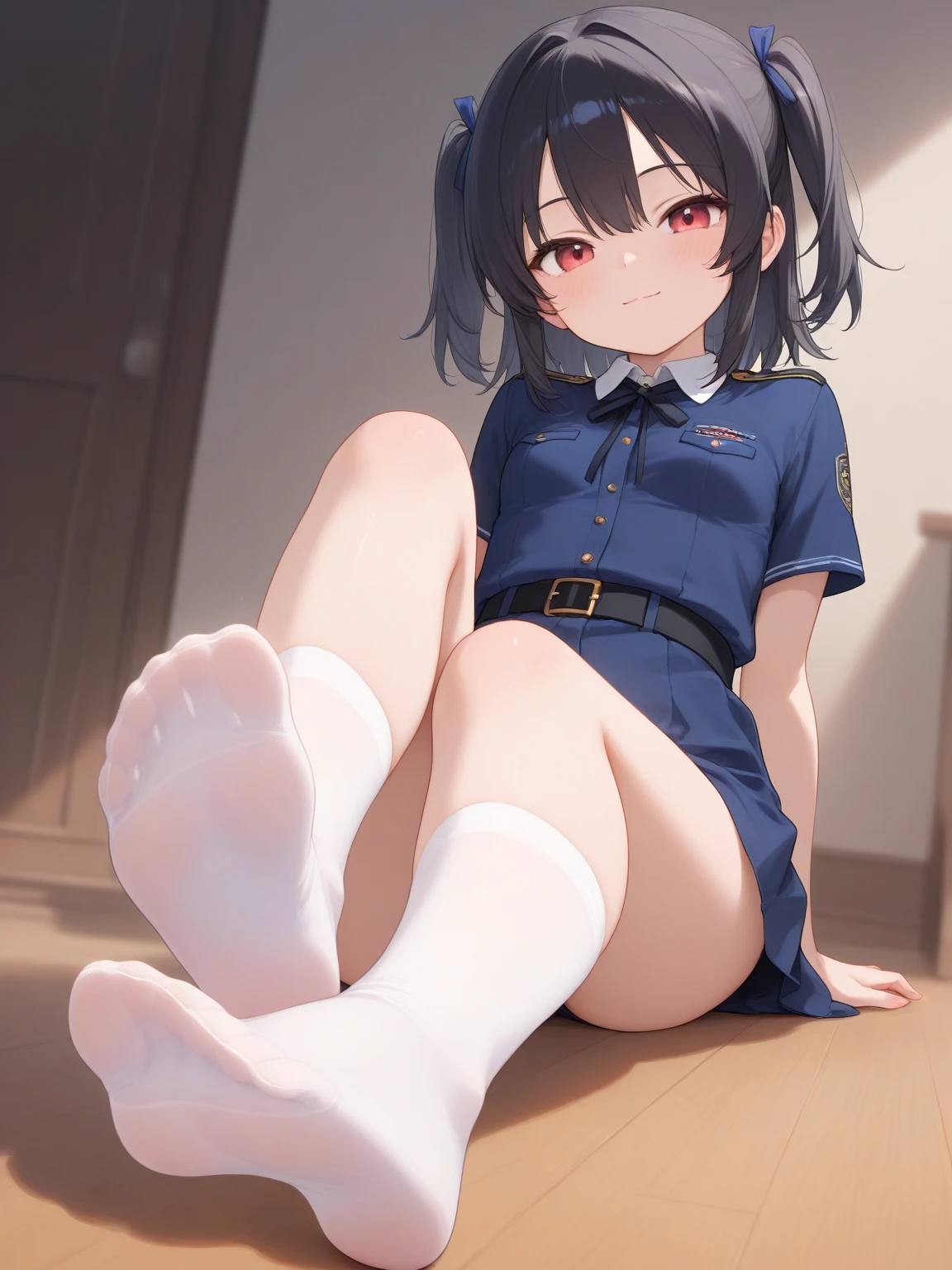hand on own chest、smile、Miike Naeko,One girl,alone,police,police ユニフォーム,police woman,tie,Twin tails、Wide-open legs