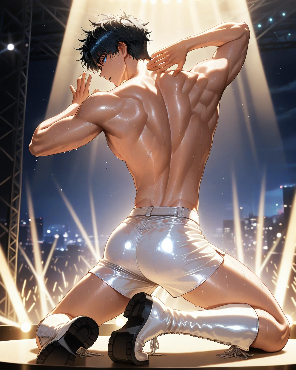 (Highest quality:1.2),One man,alone,Are standing_Split,whole body, Photo of a Japanese man in his 20s made of shiny white and silver translucent glass and plastic,Muscular and shirtless, Silver metal interior, Dynamic pose, Flow organic structure, A sparkling golden circuit, colorful Neon decoration, Ball of Light, Illumination, Illumination circuit, Neon decoration, Depth of Field Focus F/2.8, H&#39;art.right. liver, Greg rightutowski