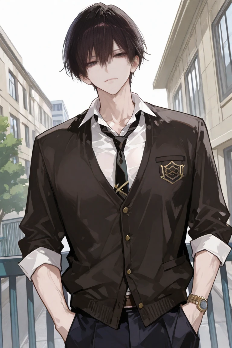 (1 Adult male),A high resolution, Sharp focus, Pixiv masterpiece, ((Complicated details)), highly detailed, natsuki_subaru, 1 man, with her mouth open,drools,full bodyesbian,sit astride,Crotch view, Golden eyes(eyes glowing), with short golden hair,white shirt,Wear a tie,Wear a belt,perspire,look from down