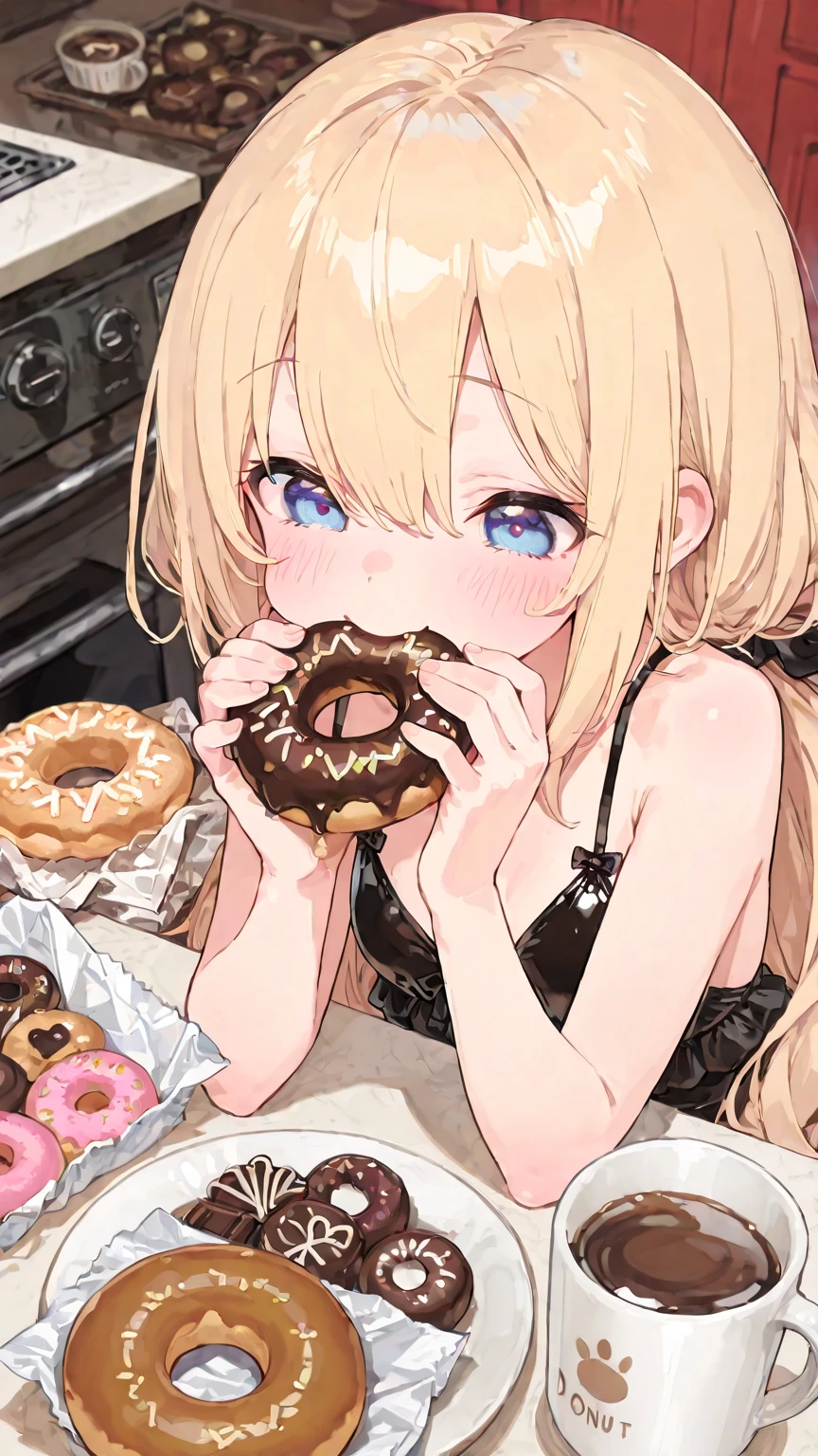 748cmstyle,Cute,(masterpiece:1.2, top quality), (beautiful detailed eyes: 1.2), ((1 Beautiful Girl)), (beautiful background:1.2), (Highly Detailed CG, Super Detailed),(very detailed and beautiful:1.1), (Perfect Details:1.1),a girl holding a mug of cocoa and eating a donut in a pile of sweets and donuts, Chocolate swimsuit, She is blushing deeply