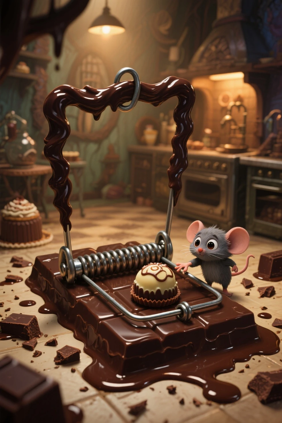 a whimsical but darkly comical scene of a giant mousetrap made entirely of chocolate: the base is a thick chocolate slab, the spring is spun sugar, and the metal bar is crafted from tempered dark chocolate with a glossy sheen. The bait is a delicate truffle or bonbon placed temptingly in the center. Surrounding the trap are melted chocolate puddles and chocolate crumbs, suggesting others weren’t so lucky.
A tiny creature (or chibi human) reaches for the bait with wide eyes, unaware of the danger.
Background is a fantasy-style chocolate kitchen or confectionery lab, with warm lighting, dramatic shadows, and moody tones.

style: painterly, whimsical horror, dessert fantasy