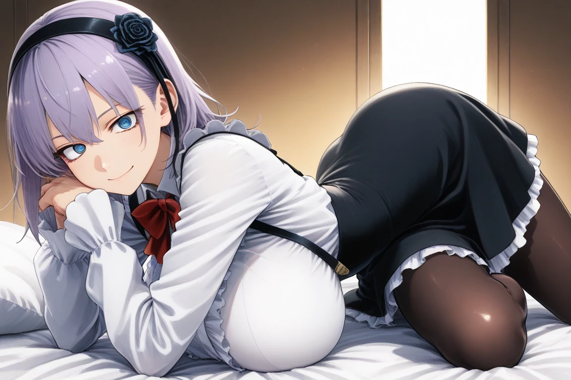 (Tabletop, highest quality, High resolution, , Perfect Pixel, 4K,), 1 girl, single, alone, Beautiful woman、I could see the whole body, Soft Breasts, Dynamic Angle, Perfect body, ((,, , Earrings、necklace,Pleated skirt、Black knee-high stockings、Spread your legs wide、Open both knees、Open your arms、A shy smile)),、、、、(Luxury hotel bed、Sleep on your back)、、、(I can see her blue and black lace panties))、Angle from below)、