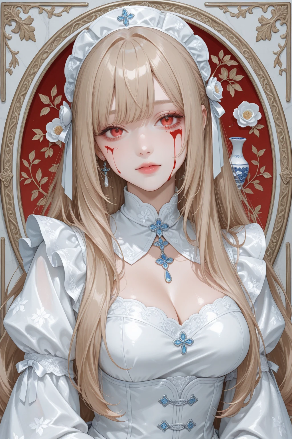 NSFW:-0.8. White and Red, (A Dazzling multi-colored light pours down:1.2), (physically-based rendering with ultra-detailed, (masutepiece:1.2) of professional photograpy, ( realistic and (photorealistic:1.37) with touch of rawness), Acutance:0.8) . (A group of KAWAII girls in school uniform) with opened Overflowing Gigantic Cleavage without bra . (((extremely detailed KAWAII face variations)) with joyful expressions), { Navel | pretty Ass | (Overflowing underboob) | White panties with (blood seeping only in crotch area) | (full of Flowers covering girl's body) | ((Dazzling colorful stained glass with stunning elaborate details:1.2)) | A Dazzling Halo (Floating) } . (Exposed:0.95), (((nipple:-0.9))), (not Detailed fingers:-0.9) .
