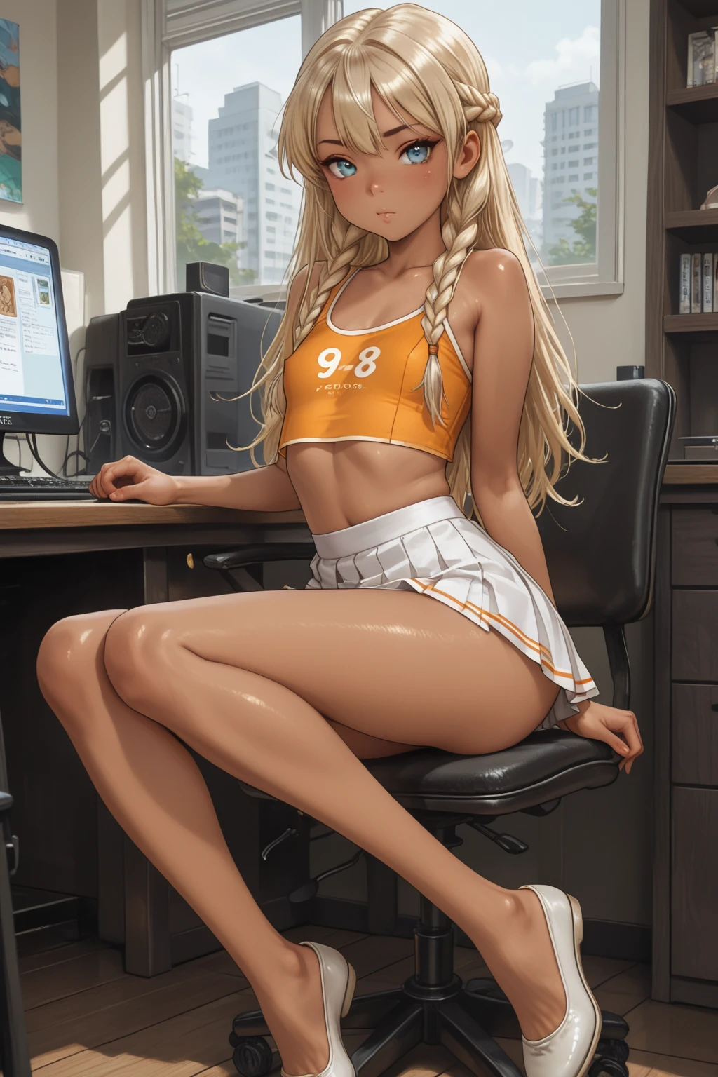 (masterpiece:1.5), (top-quality:1.5), (16k wallpaper:1.2), (Photo realistic:1.2), (ultra-detail art:1.2), (high resolution:1.2), (Highly detailed and realistic skin:1.2), (she spreads her slender legs), (On the mat in the school gym), asuna, blue eyes, long hair, halo, hair over one eye, 18-year-old cheerleader, Very detailed and beautiful sharp eyes, Powerful and beautiful eyeshadow, (Slender woman with body shape:1.2), Natural Color Lip, (long blonde high ponytail covering one eye), (white sleeveless cheerleading shirt:1.2), nsfw, (Ahe-face:1.3), (Overflowing sperm:1.2), (teal cheerleading miniskirt:1.2), (cum in pussy:1.5)、