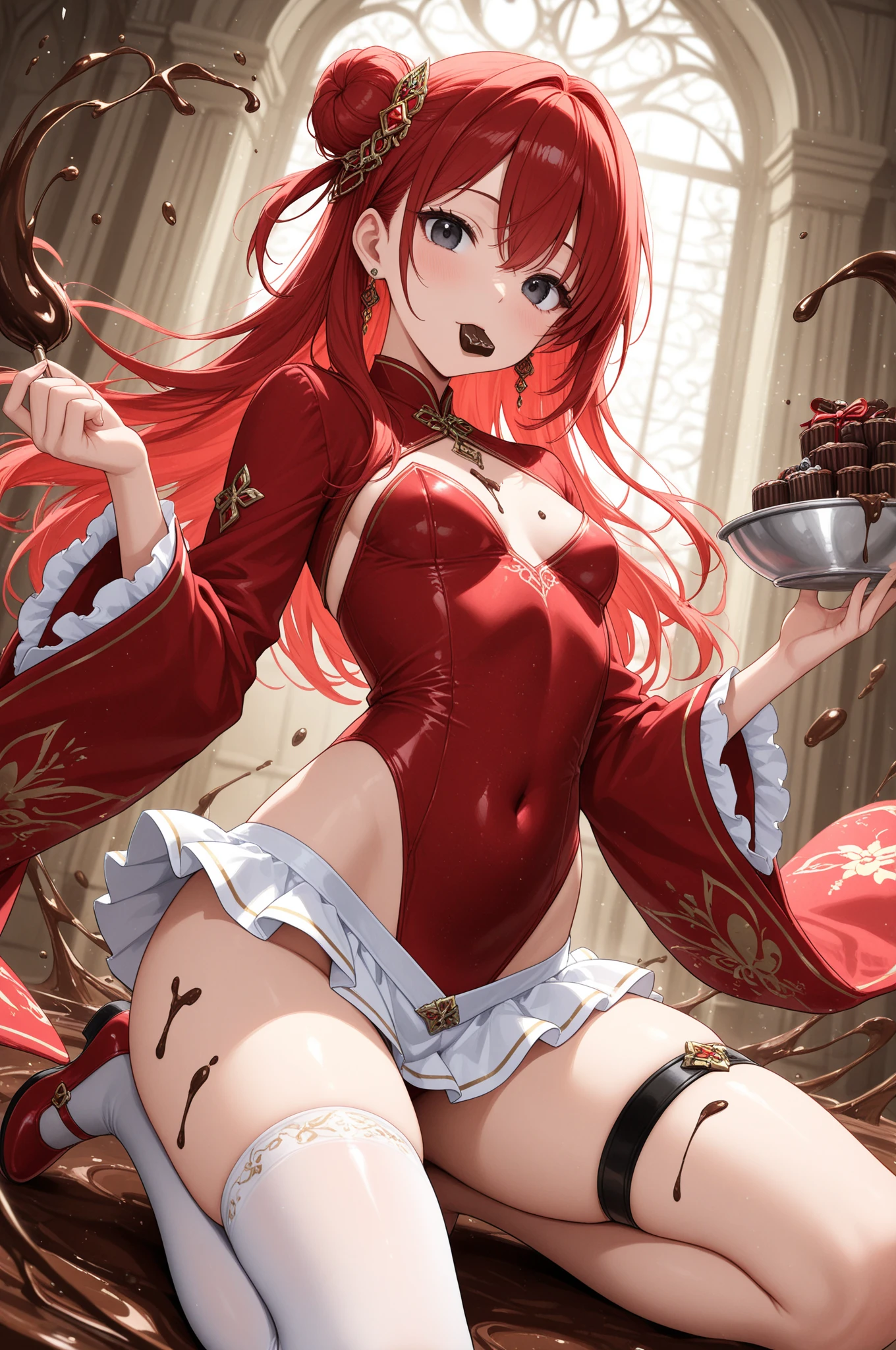 (best quality:1.1), (masterpiece:1.4), (absurdres:1.0), portrait, close-up, 1girl, tania, KizukiAi, dragon girl, dragon horns, red hair, orange eyes, large breasts, long hair, collar, white top, long red skirt, detached sleeves, looking at viewer, oudoors, tavern, (blush:1.1), (smile:1.2), 