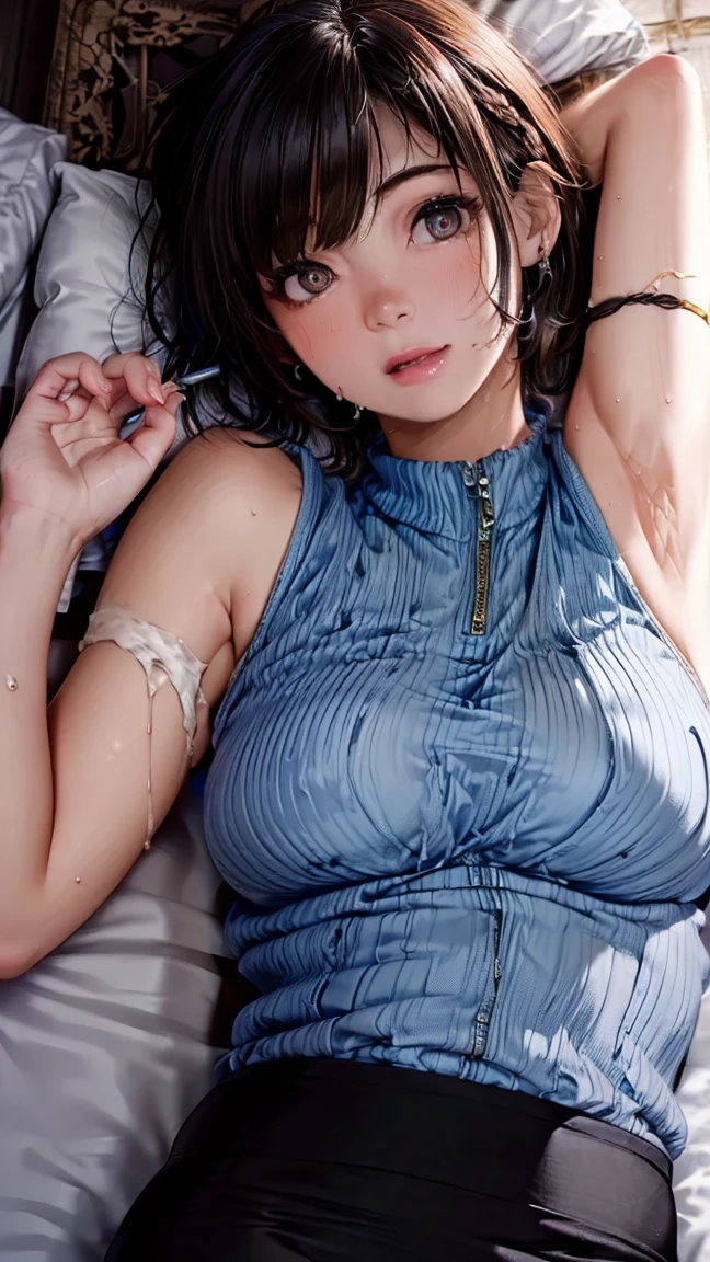 blue clothing、Cuffed、tits out、Dark hair、a picture、Suffering face