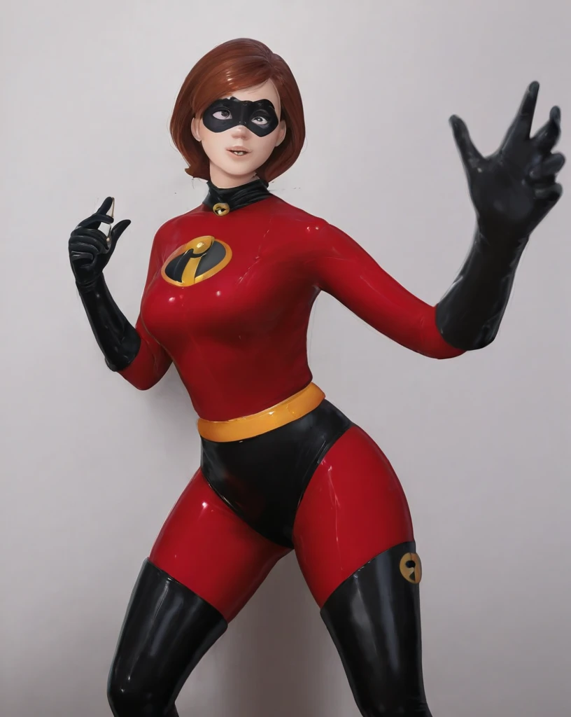 good proportions, masterpiece, elastigirl, the incredibles, leather suit, Mrs incledible suit, microfoam tape gag, gagged, shibari, tied, hishi karada, whole body, sexy suit, elastigirl sexy, high quality 