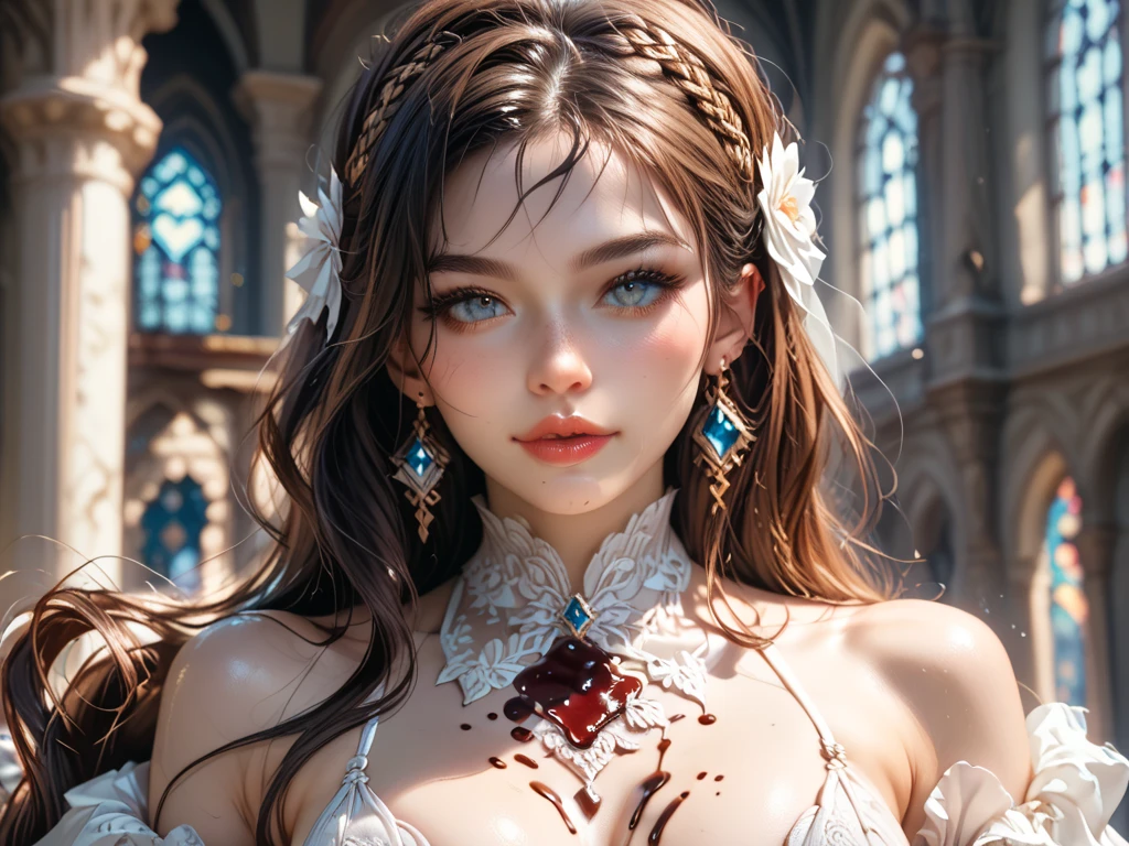 A Japanese woman with a dark and mysterious aura、Gothic Fashion。Black lace dress、Red Lip、antique accessories、In the background is the stained glass of an old church