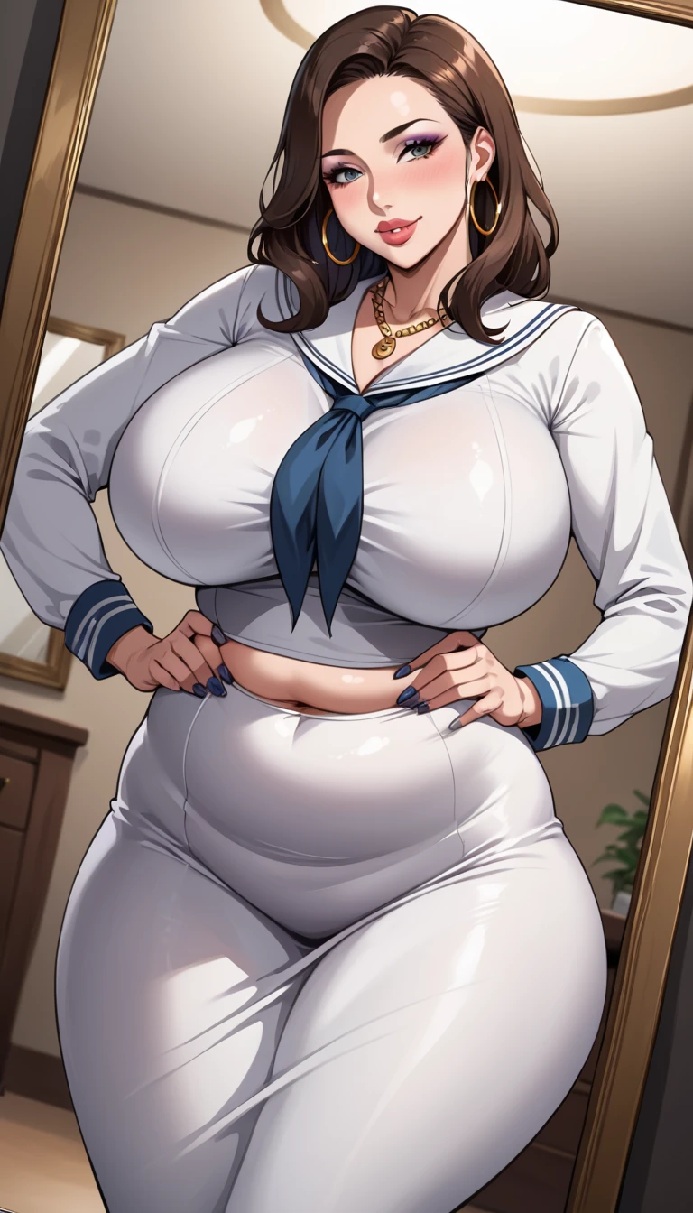 8k wallpaper, masterpiece, highest quality, Super detailed, 30~40 years, mature woman, beautiful mature woman, sailor suit, highly exposed, Peeking through underwear, exposed pubic hair, skin dents, enchanting smile, thick lips, Chubby lips, blush, looking at the viewer, different chest sizes, each with a different hairstyle, cleavage, Plump、Curvaceous、huge hips、attractive face、naughty face, bbw, big ass,big breasts,