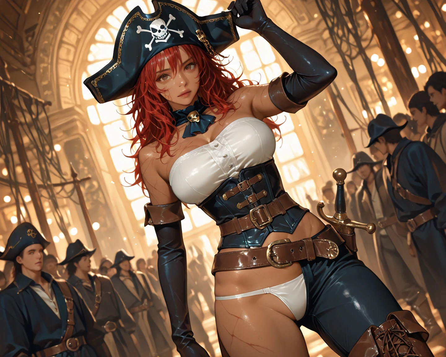 Fantasy otherworldly character tempt you with their legs wide open,8K,Masterpiece,(One woman),On the bed,panties,Female pirate crew member,(female knight), Medium Hair, Realistic, Sci-fi fantasy,Game characters,Slender figure,Cleavage,Separate outfits,steampunk,Pirate costumes,Pirates of the Caribbean,Color variations,