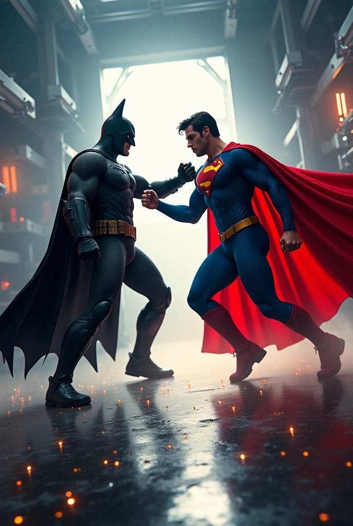 Batman and superman fighting and both fight of hand are in high fi in night of jungle and pink light and both are cyberpunk