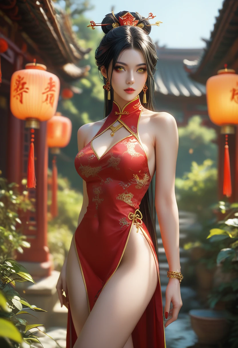 (RAW photo, best quality), Cute girl with short black hair, (ponytail), (city roof at night background), low light , dark eyeliner, happy smile, gorgeous face , super cute, 18 years old , young looking, hyper detailed face, dark eyeliner, (medium breast), (thin waist, super slender), (bare shoulders, (exposed hips), skintight and red PVC qipao china dress with yellow dragon decoration and vivid patterns, deep black leather thigh high boots, red PVC arm sleeves with yellow flower decorations and vivid patterns, cleavage, ((both hands on waist)), one leg in front of the other, (((barely exposed navel)))