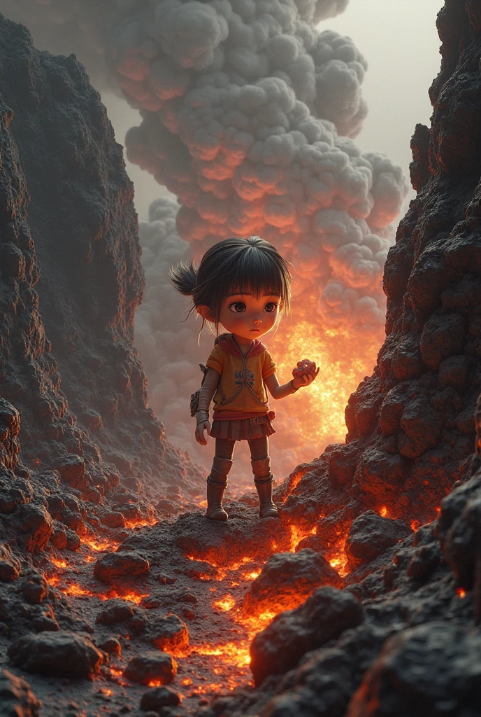 High detail, clarity, 8kk, little girl, 6 years old, dark red hair, yellow eyes, standing near the steps of fiery lava leading to the sea, realism, fantasy,