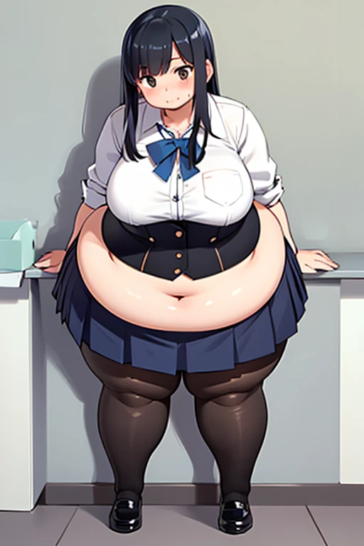 (masterpiece, best quality, glasses, full body), 1girls, big belly, blurry background, huge belly, art by kipteitei, round belly, chubby, curvy, white button-up shirt, skirt, thighhighs, simple_background, gradient_background, belly bursting out of shirt, belly grab, enormous belly, fat belly, thicc, bigger belly, sitting on chair, really big belly, jiggly belly, shirt covering belly, belly cover by shirt