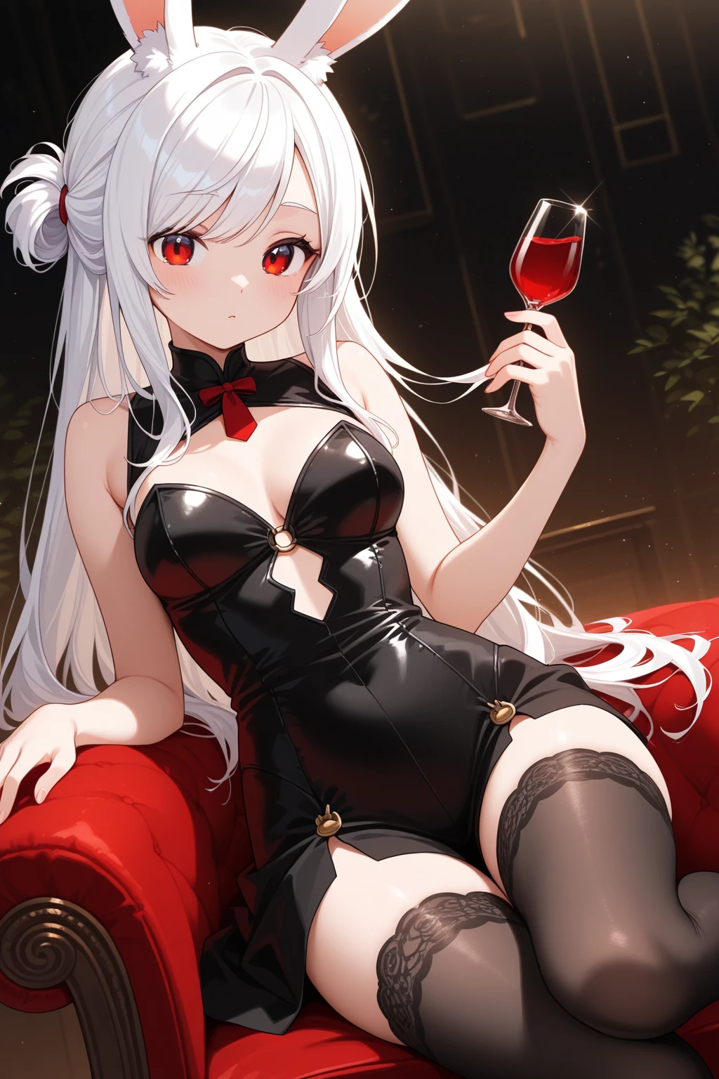 high quality, masterpiece, Very detailed,Long Hair, beautiful girl,Gray Hair,Red eyes,chest,Black dress,Black fishnet stockings,Looking at the camera,Pool,Sitting in a chair
