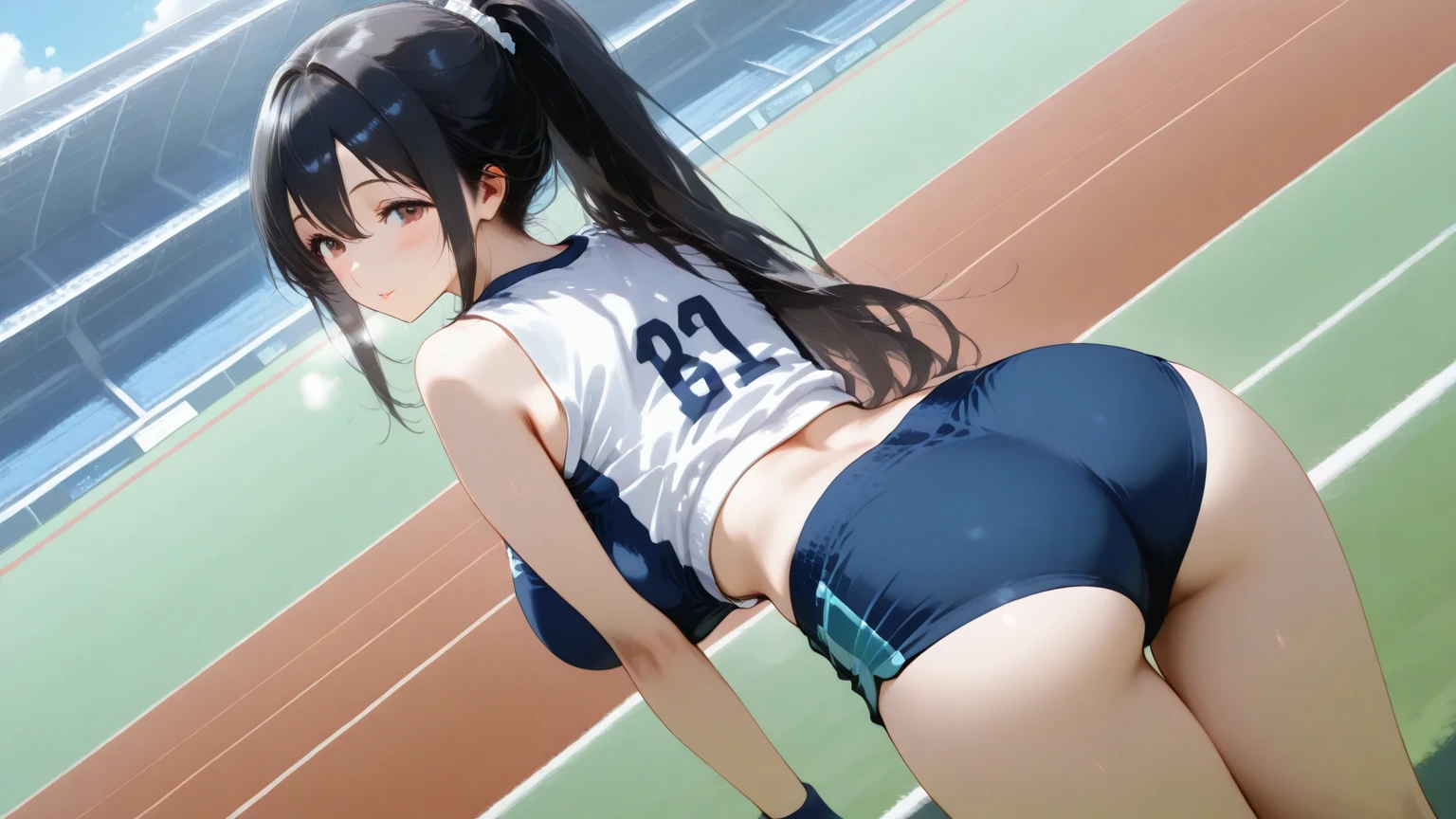 A young woman in active summer wear. She is wearing a fitted athletic top, capri leggings, and a baseball cap. She has her hair in a braid and is stretching near a city park with a skyline view in the background. The scene is dynamic and energetic.