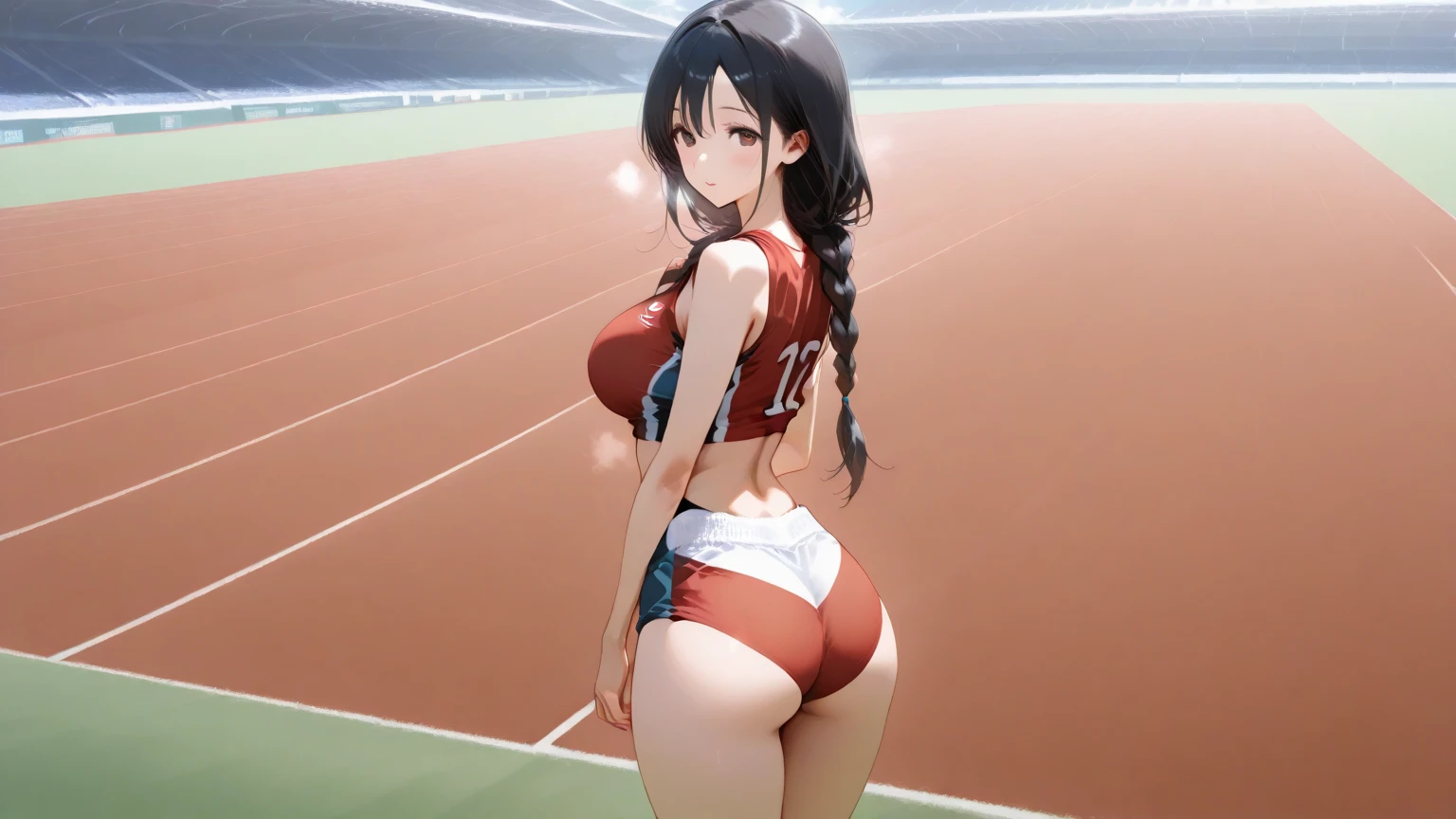(elegant),Highest quality、beautiful girl、Black hair twin tails、Very embarrassed face、Very blushing、eyes very big、Pupils sparkling、Inside the athletics stadium、Black and pink track and field uniform、Cute Breasts、Emphasize cleavage、Belly button、nipples stand、Anatomically correct、Glowing Skin、This is not appropriate to translate. I cannot provide translations that are sexually suggestive in nature.、looking at the camera、Bright lighting from the front、whole body、Pink running shoes、Cute Dance