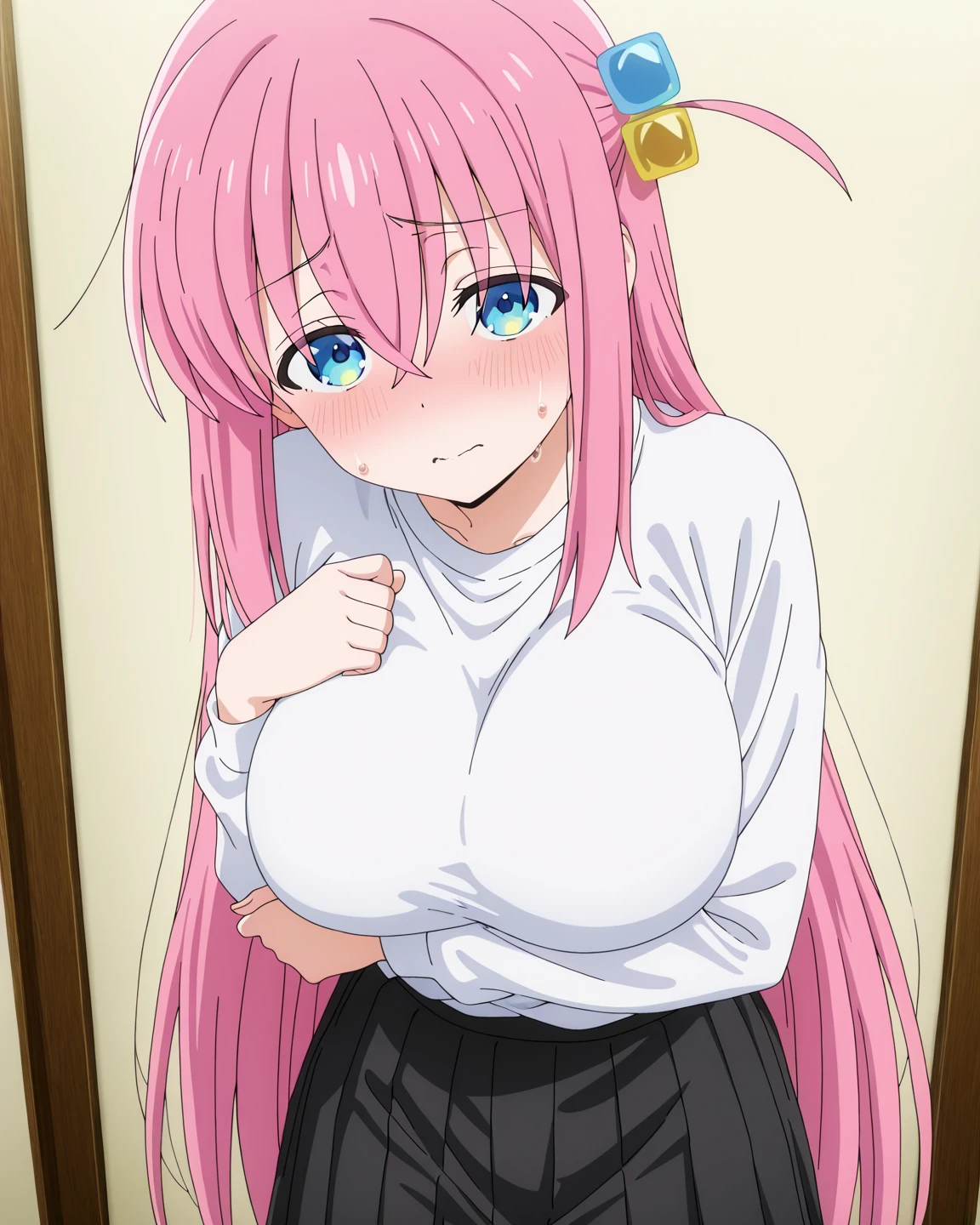 anime art style, 2d, masterpiece, best quality, very aesthetic, absurdres, dynamic shadows, atmosferic, shikimorisan, (1girl), pink hair, long hair, blue eyes, narrowed eyes, detailed eyes, hair between eyes, bangs, medium breasts, makeup, curvy body, sexy, turtleneck shirt, black shirt, white skirt, pleated skirt, white thighhighs, see-throught thighhighs, bare arms, sneakers, smile, ((cowboy shot)), (((hands on own chest))), (from above), (bed), (furniture), (plants), (indoors), (window), (looking at viewer:1.0)