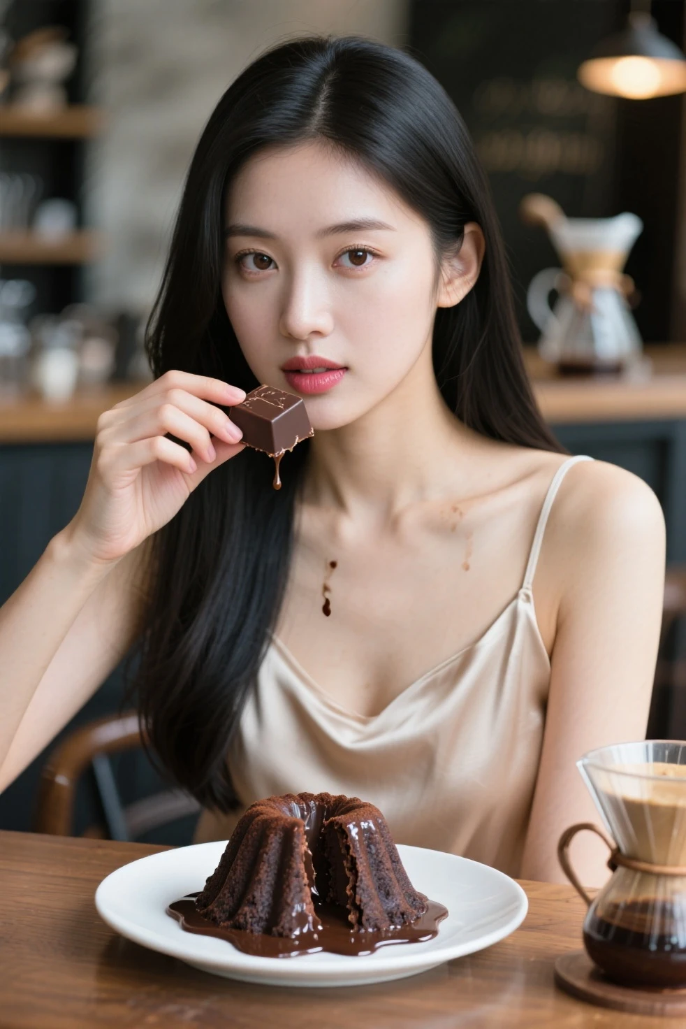 there is a woman sitting at a table with a pastry and a drink, gemma chen, mai anh tran, wenfei ye, xintong chen, cindy avelino, profile image, profile pic, eating, 😭 🤮 💕 🎀, a young asian woman, instagram model, inspired by Ma Yuanyu, xision wu, profile picture, masterpiece, 8k, cleavage, big boobs, bust detail, hair detail, eye detail