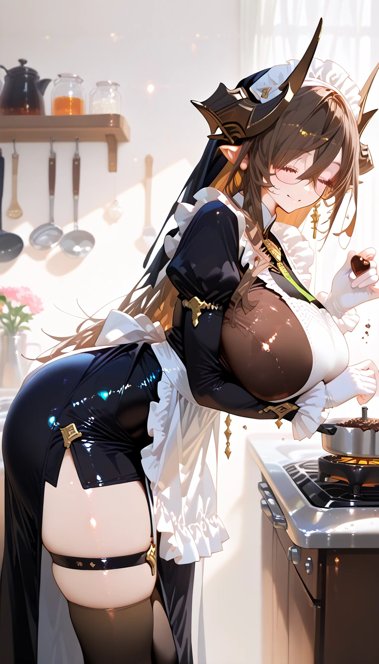 (Mature Woman:1.5), (mother:1.5), (Ishtar:1.2), Fate Grand Order, (absurderes, 8k, 4K, masutepiece, hyper extreme detailed:1.2), Best Quality, Perfect ???????,Perfect face,Facing forward,High humidity, (alone:1.2), (Sweaty:1.3), shortness of breath, High humidity, humid, (Black Hair:1.1), Red eyes, Looking into the camera, (Very big boobs:1.5), Light clothing, apron, (kitchen;1.1), (Having a conversation:1.5), (Speech bubble:1.2), A kind smile, relief, peace of mind, mother性, Cooking, have a ladle, pot, pot-au-feu, (very big ass:1.25)