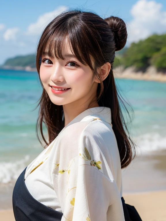 masterpiece, best quality, illustration, ultra-detailed, finely detailed, high resolution, 8K wallpaper, perfect dynamic composition, beautiful detailed eyes, beach, summer, yukata, long hair, relaxed pose, cute, smile, looking at camera